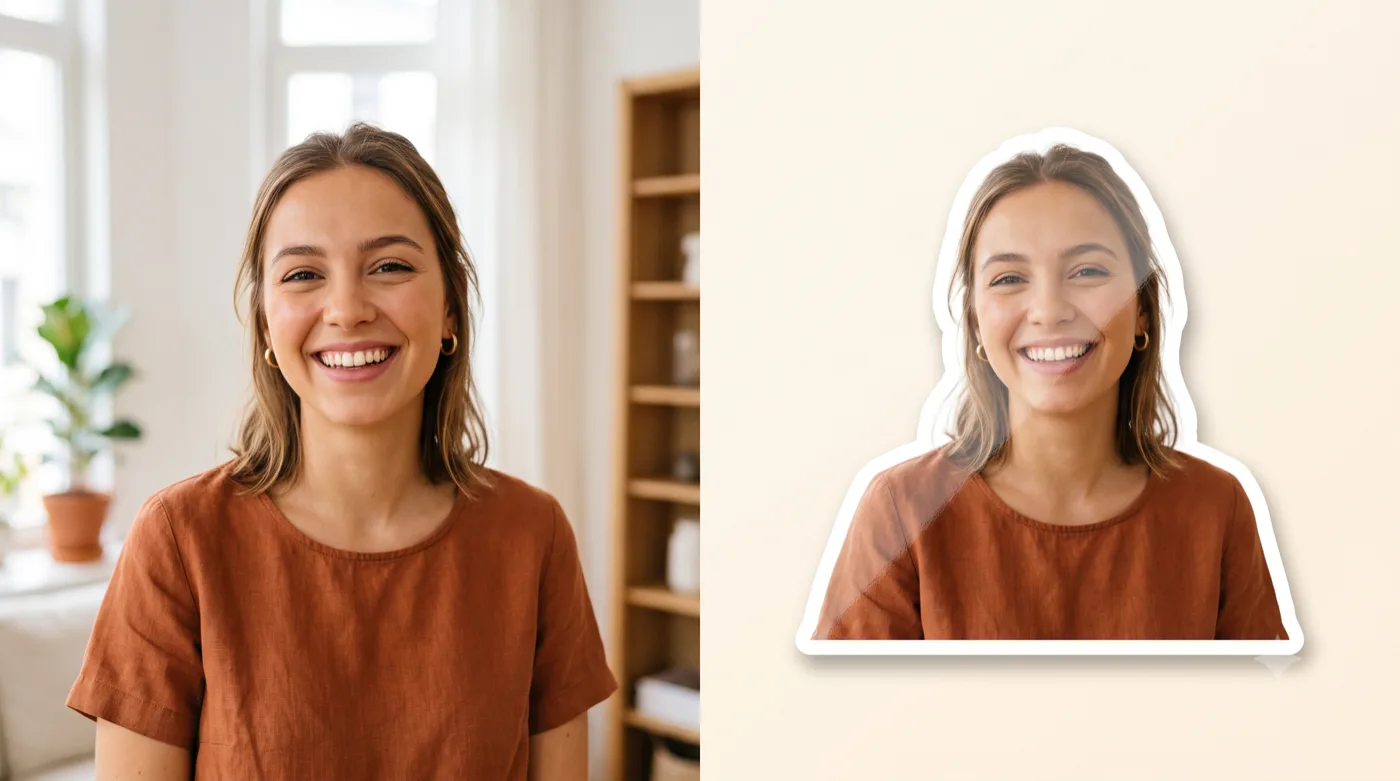 Before and after: a portrait photo turned into a die-cut face sticker