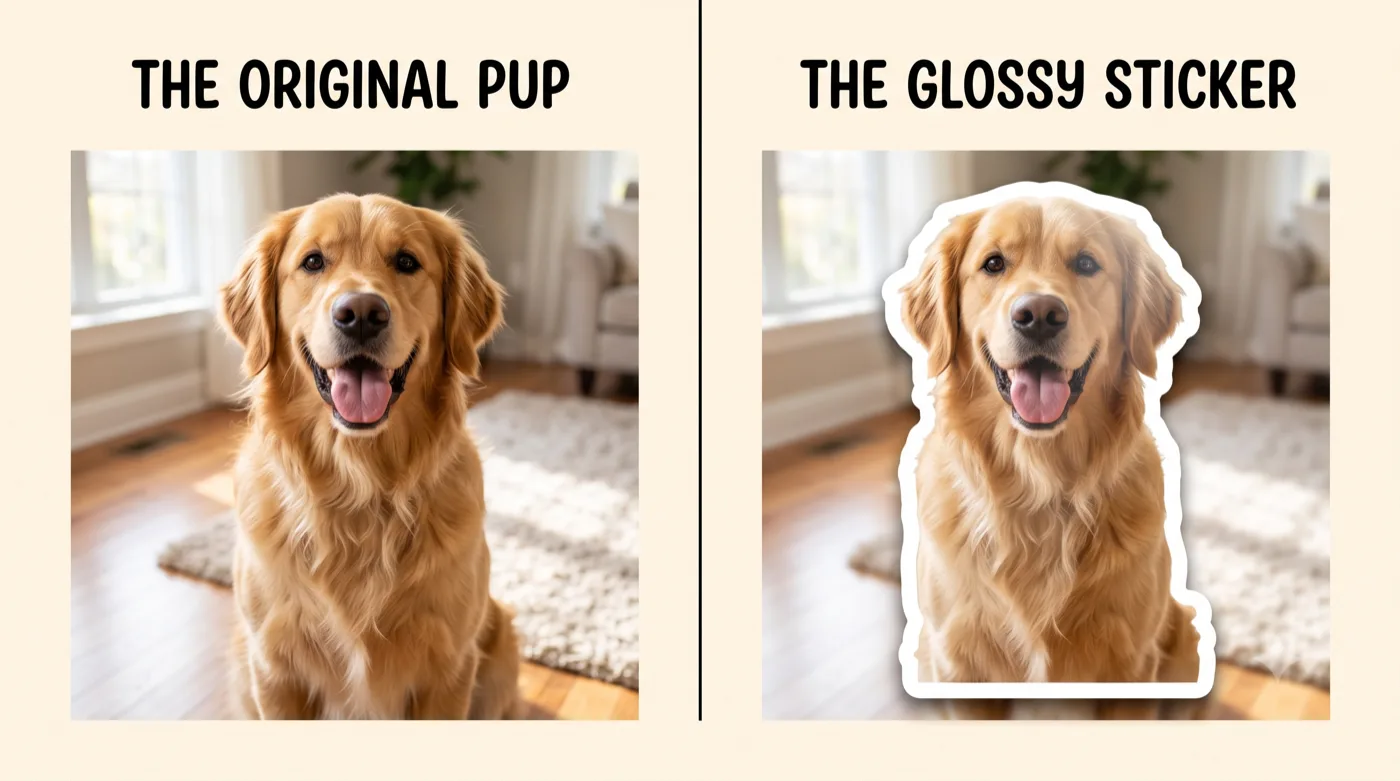 Before and after: a pet photo turned into a die-cut sticker with a clean fur edge